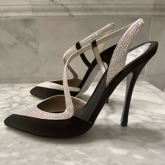 Rene Caovilla Asymmetric Satin Sling Back in Black & White - Picture 6 of 7